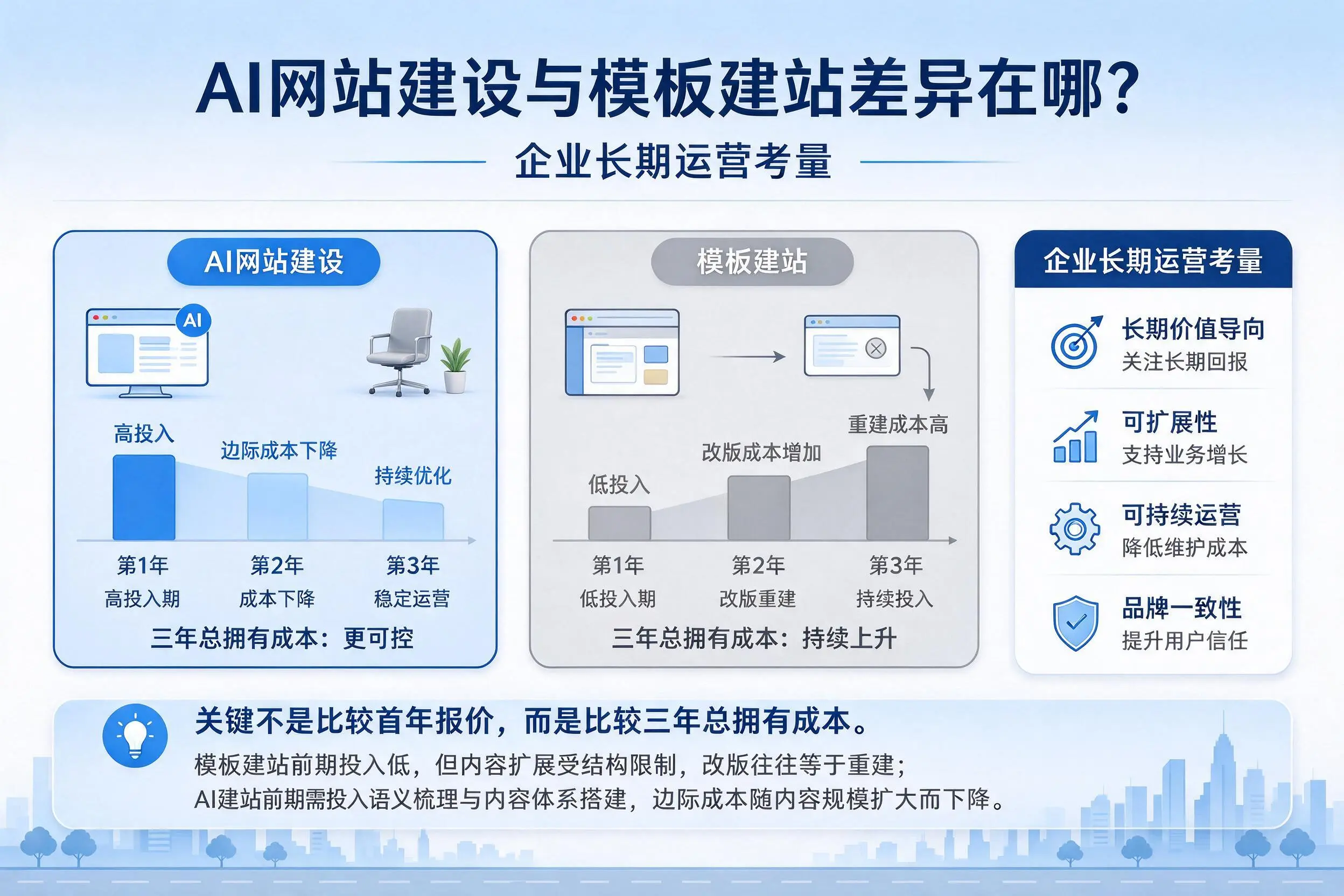 AI网站建设与模板建站差异在哪?三明企业长期运营考量